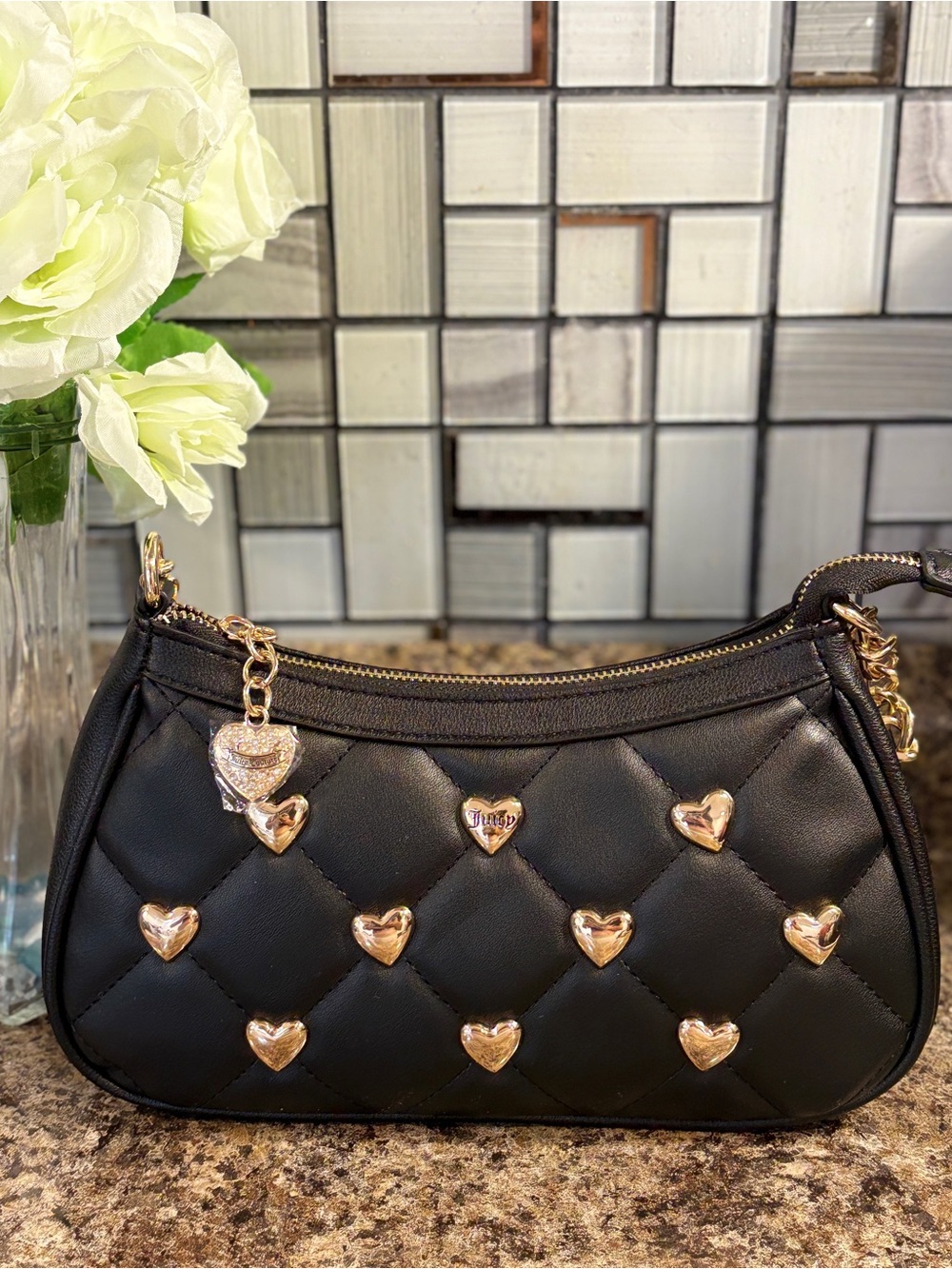 Juicy Couture Black Quilted Shoulder Bag with Gold Heart Accents